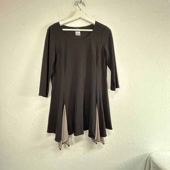 Libra Womens Black Taupe Asymmetric Swing Hem Tunic Top Large 3/4 Sleeve Stretch - Picture 2 of 9